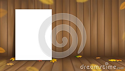 Wood background with Autumn leaves, white paper poster stand on wooden floor textured,Vector illustration 3d studio room,banner Cartoon Illustration