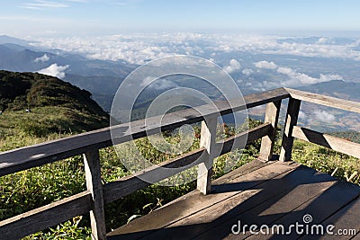 wood balcony with mountain view in morning Stock Photo