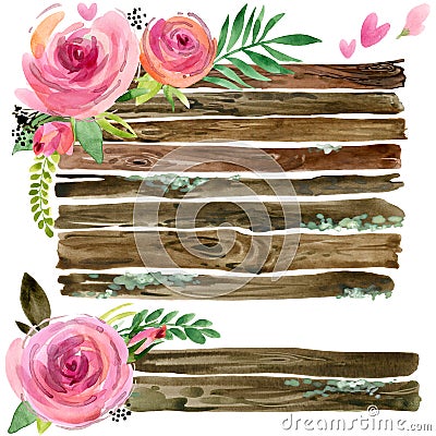 Wood Banners with rose flower. Rose flower watercolor. Wedding decorative element. Wood panel set. Stock Photo