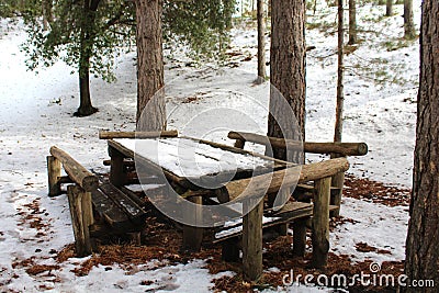Wood bench in the mount Etna`s park Stock Photo