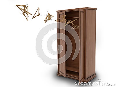 wood big open cupboard with flying hangers; Cartoon Illustration