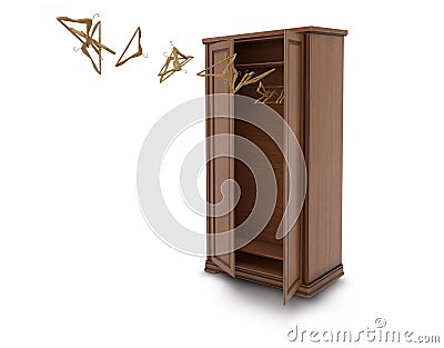 Wood big open cupboard with flying hangers; Cartoon Illustration