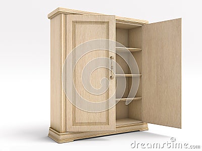 wood big white open cupboard; Cartoon Illustration