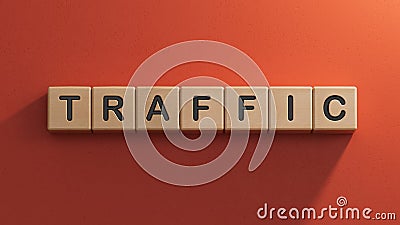 Wood block cube shape put the front computer keyboard with word TRAFFIC. Stock Photo