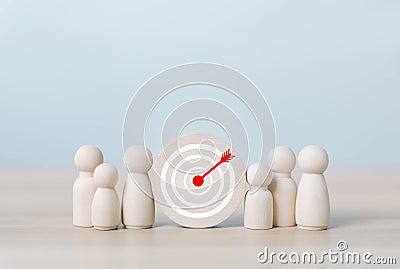 wood block people show the target icon, focus goal strategy to success invest objective and growth of the company. concept of Stock Photo