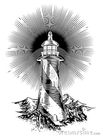 Wood block style lighthouse Vector Illustration