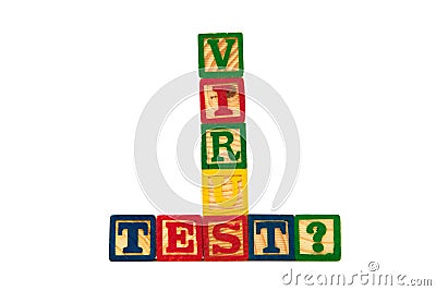 Wood blocks spell out Virus Test? as a Covid-19 concept. Stock Photo