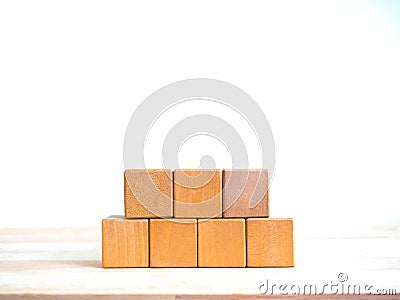 5 wood blocks stack isolated on wooden table, white banner background with copy space. Empty blank template five cubes arranged in Stock Photo