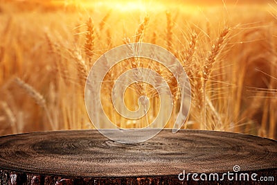 Wood board table in front of field of wheat on sunset light. Ready for product display montage Stock Photo