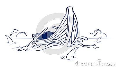 Wood boat with shark fin Vector Illustration