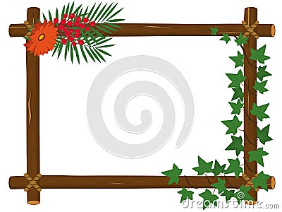 Wood branch frame with ivy vines, gerbera flower and red berries vector illustration Cartoon Illustration
