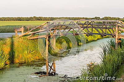 Wood bridge over quiet stream Stock Photo
