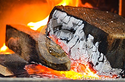 Wood burning on fire Stock Photo