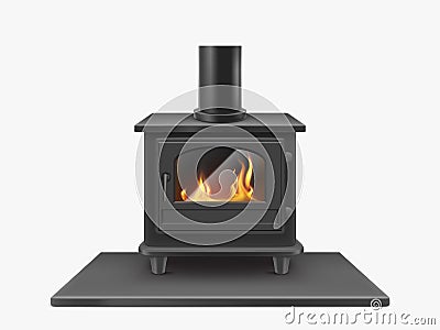 Wood burning stove iron fireplace with fire inside Vector Illustration