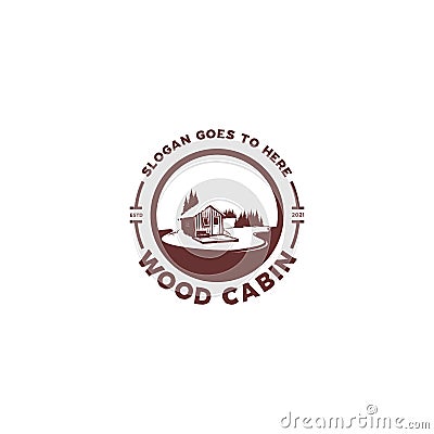 Wood cabin lake silhouette logo Vector Illustration