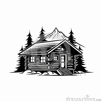 Simple Cabin House Tree Lodge Vector Print In High Contrast Black And White Stock Photo