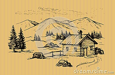 Wood cabin in mountains Vector Illustration