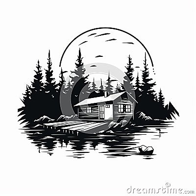 Simple Cabin By Lake: Black And White Vector Illustration Cartoon Illustration