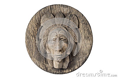 Wood carved of indian chief head Stock Photo