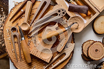 Wood carver`s work place Stock Photo