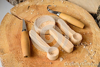 Wood carver`s work place Stock Photo