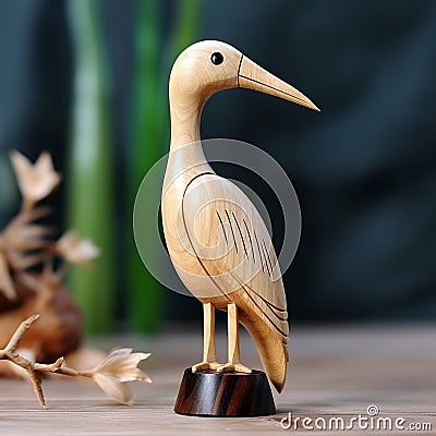 Exquisite Handmade Wooden Stork Bird Carving On Base Stock Photo