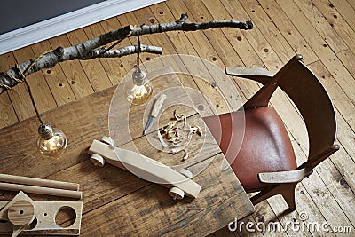 Wood carving workspace creative hobby wood and modern design Stock Photo