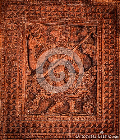 Wood carvings of embekka devalaya Stock Photo