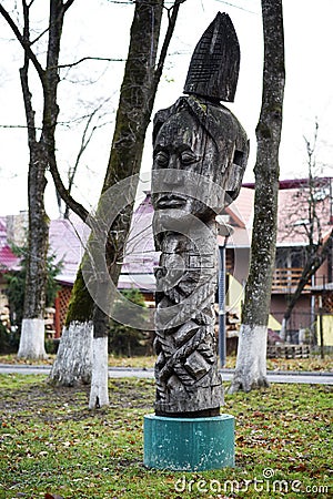 Wood carvings at Sighetul Marmatiei, Romania Editorial Stock Photo