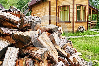 Wood chop stove. Woodpile texture background. Trees store. Hardwood pile stack Stock Photo