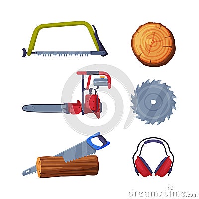 Wood Chopping Equipment with Saw, Earmuffs and Wood Material Vector Set Stock Photo