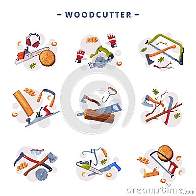 Wood Chopping Implement with Saw and Wood Chopper or Ax Vector Composition Set Vector Illustration