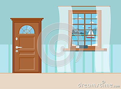 Wood closed entrance door, book and window with summer view of sea landscape with sailboat Vector Illustration