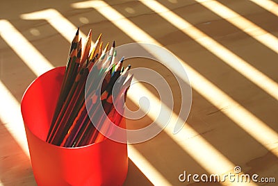 Wood colored pencils Stock Photo