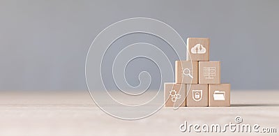 Wood cube block stacking with icon about cloud computing upload and download to cloud, online connection database digital. Stock Photo