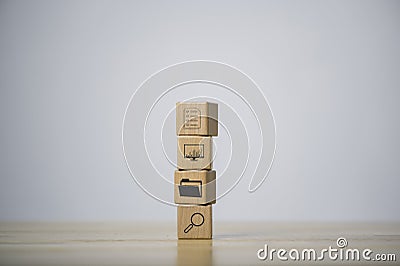 Wood cube with Document Management System, online documentation database and process automation to efficiently manage file Stock Photo