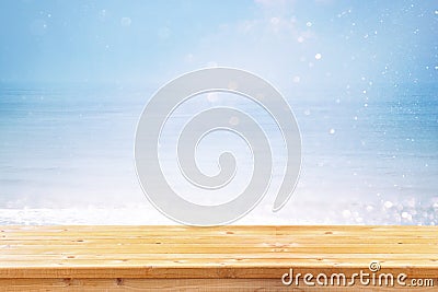 Wood deck in front of abstract sea landscape. ready for product display. textured image Stock Photo