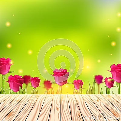 Wood deck, Summer background with wooden table. Empty floor over roses and green bokeh. Abstract vector illustration Vector Illustration