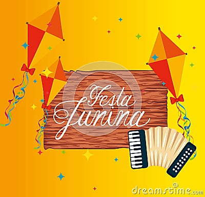 wood emblem with kites and accordion to festival Cartoon Illustration