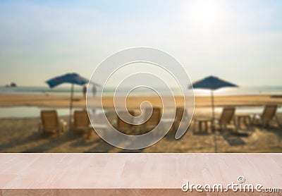 Wood Empty material wooden, deck, table with blurred sea beach b Stock Photo