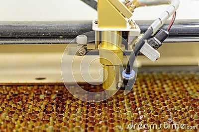 wood engraving laser burning machine, industrial laser cutter Stock Photo