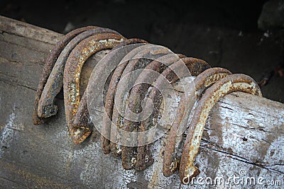 Wood fence rail holding ten lucky antique horse shoes. Stock Photo