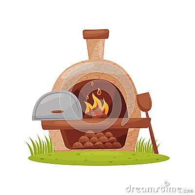 Wood-fired outdoor oven on green lawn. Farm stone furnace with burning firewood, wooden paddle. Cartoon vector design Vector Illustration