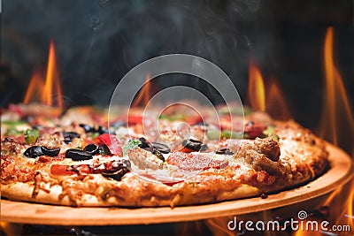 Wood Fired Pizza With Flames Stock Photo