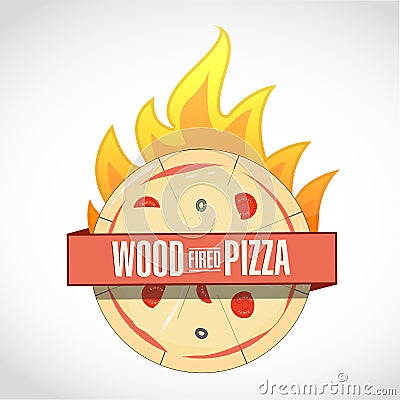 Wood fired pizza icon sign. Ribbon sign, graphic design. Stock Photo