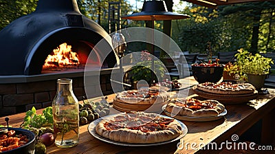 Wood Fired Pizza Oven with fresh pizzas resting Stock Photo