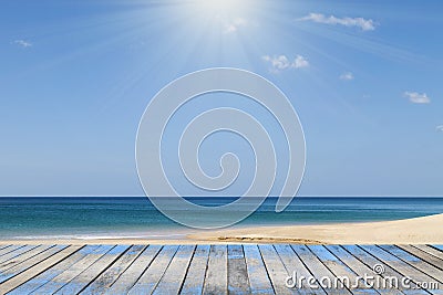 Wood floor with Andaman sea ,beach and tropical sea scenery back Stock Photo