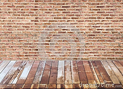 Wood floor and red brick wall, empty room for background. Big empty room in grange style Stock Photo