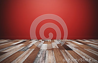 Wood floor with red wall, empty room for backgrounds Stock Photo