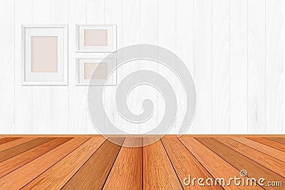 Wood floor textured pattern background in light brown color tone with empty white wall backdrop: Isolated wooden floor on white Stock Photo